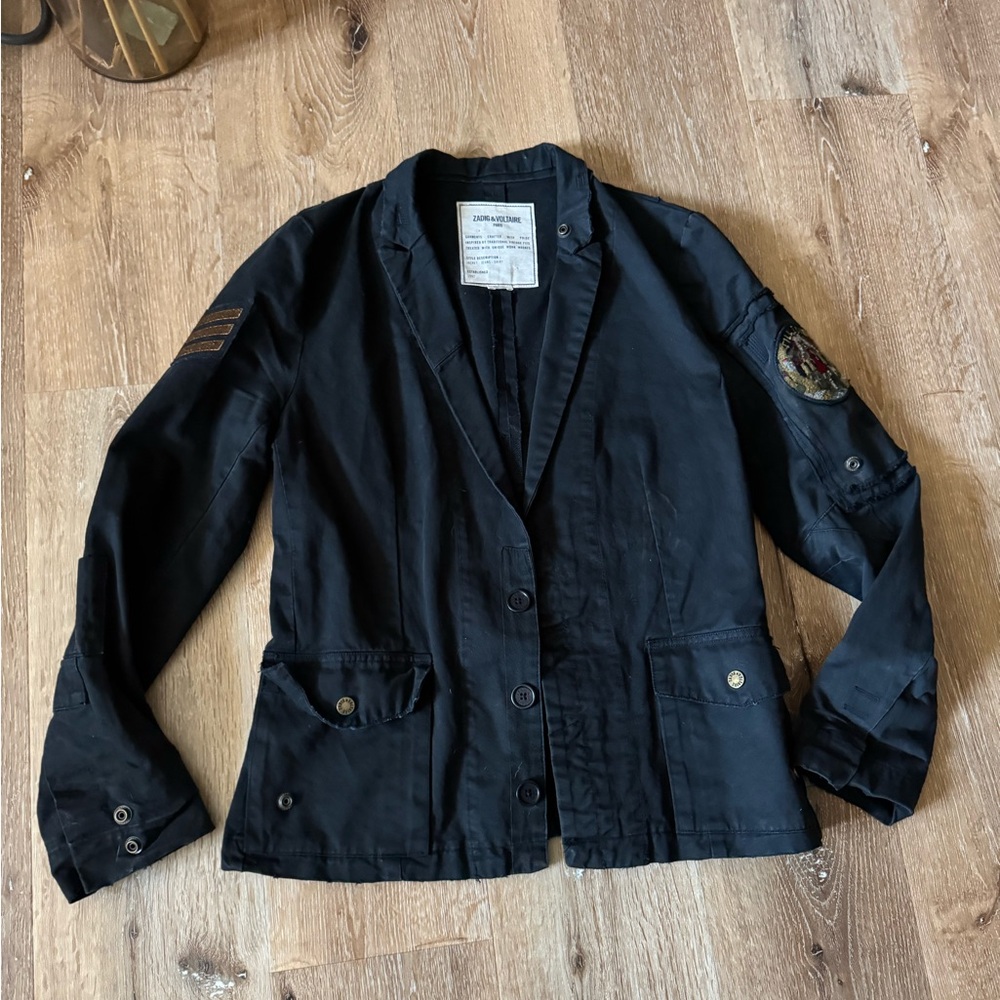 Zadig & Voltaire Women Black Virginia Grunge Patch Military Jacket Size S